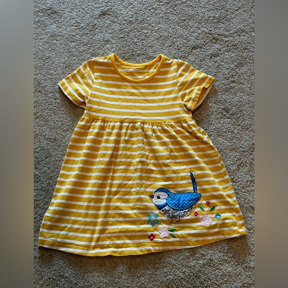 Magpie Appliqué Yellow And White Striped Girls Dress Size 4